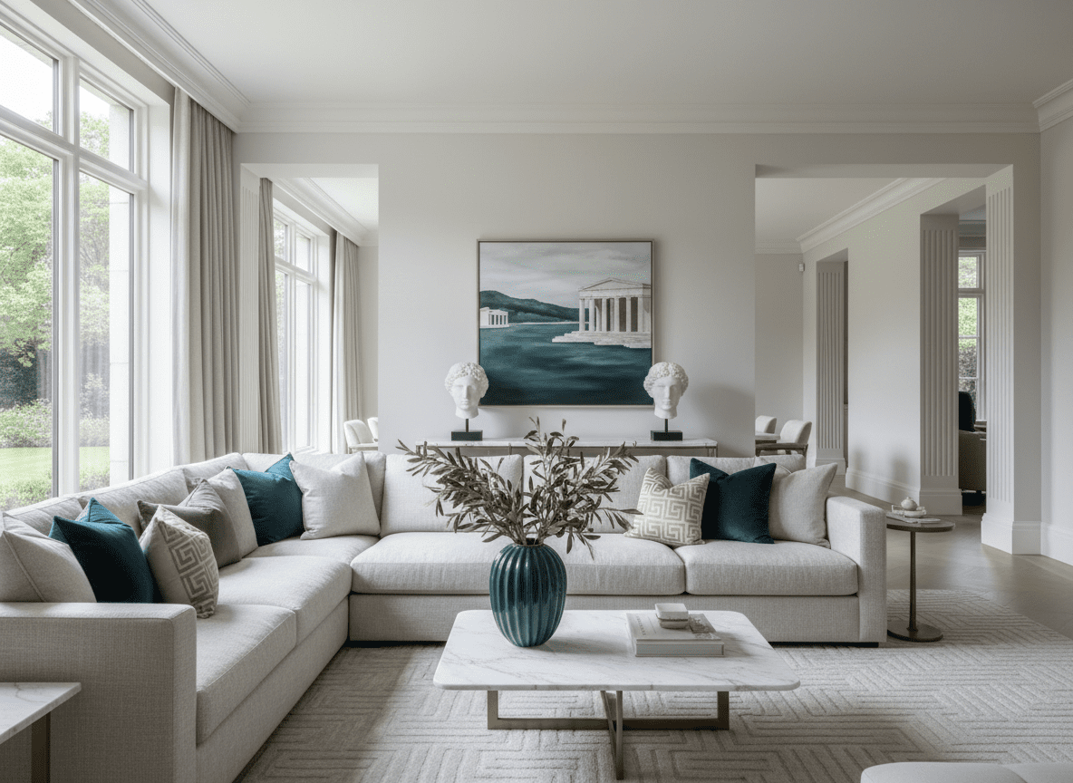 Real estate advisor reviewing property documents with an international client, representing guided property buying in Greece