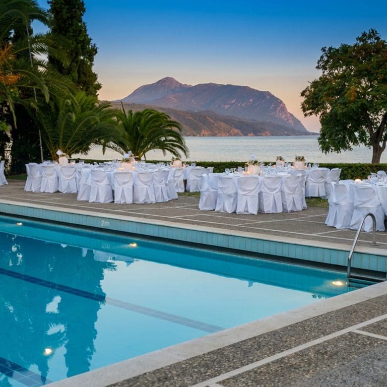 Swimming pool area at hotel property in Limi, Evia
