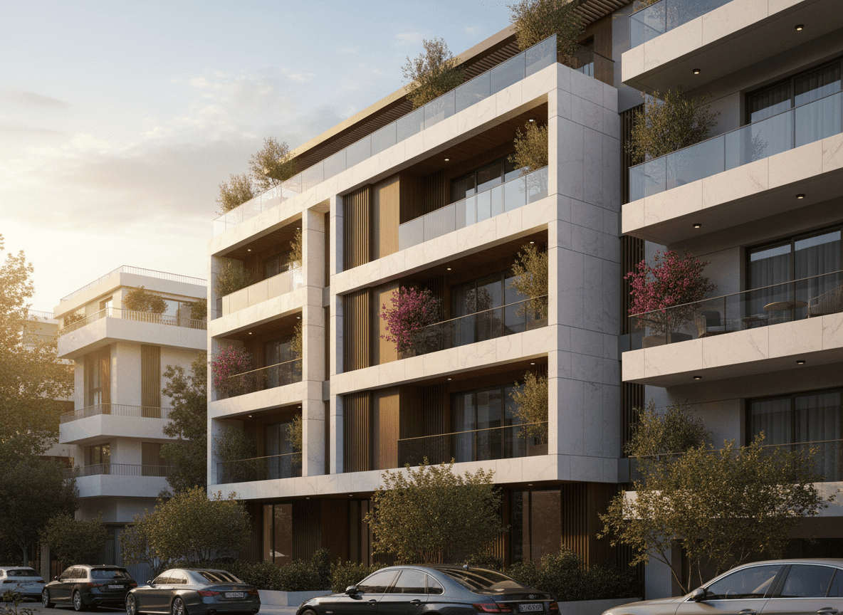 Modern premium residential building in Greece, representing comprehensive property management for international owners.