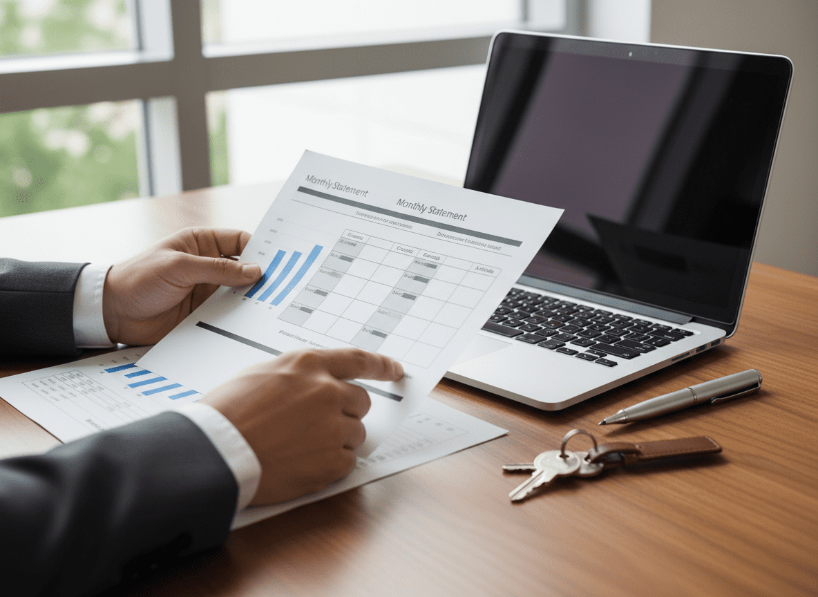 Premium property management reporting setup with laptop, documents, and keys, representing transparency and structured owner updates in Greece.