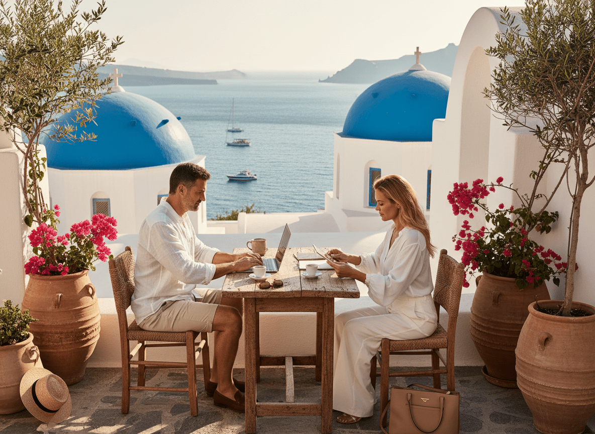 Couple working remotely on a terrace overlooking the Aegean Sea in Greece