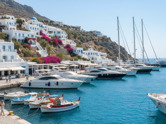Greek island marina with yachts and whitewashed houses above the harbor