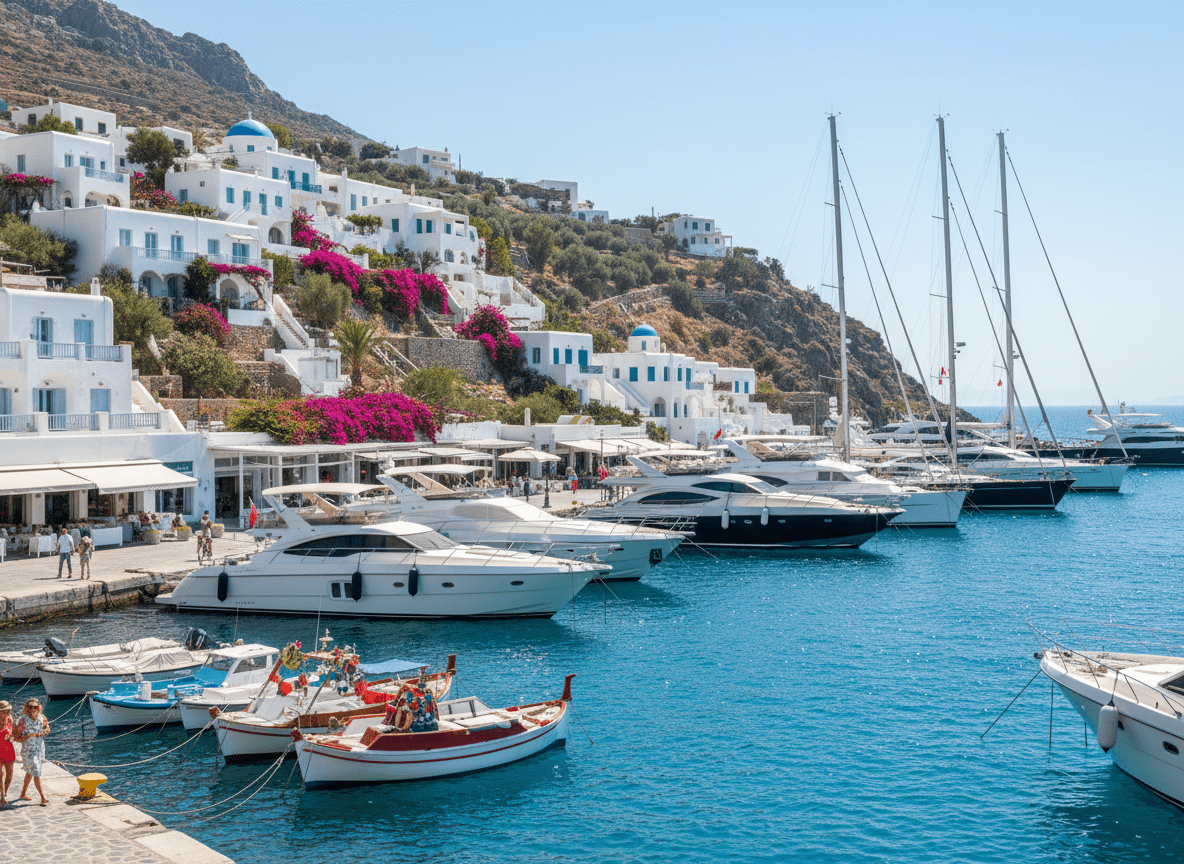 Greek island marina with yachts and whitewashed houses above the harbor