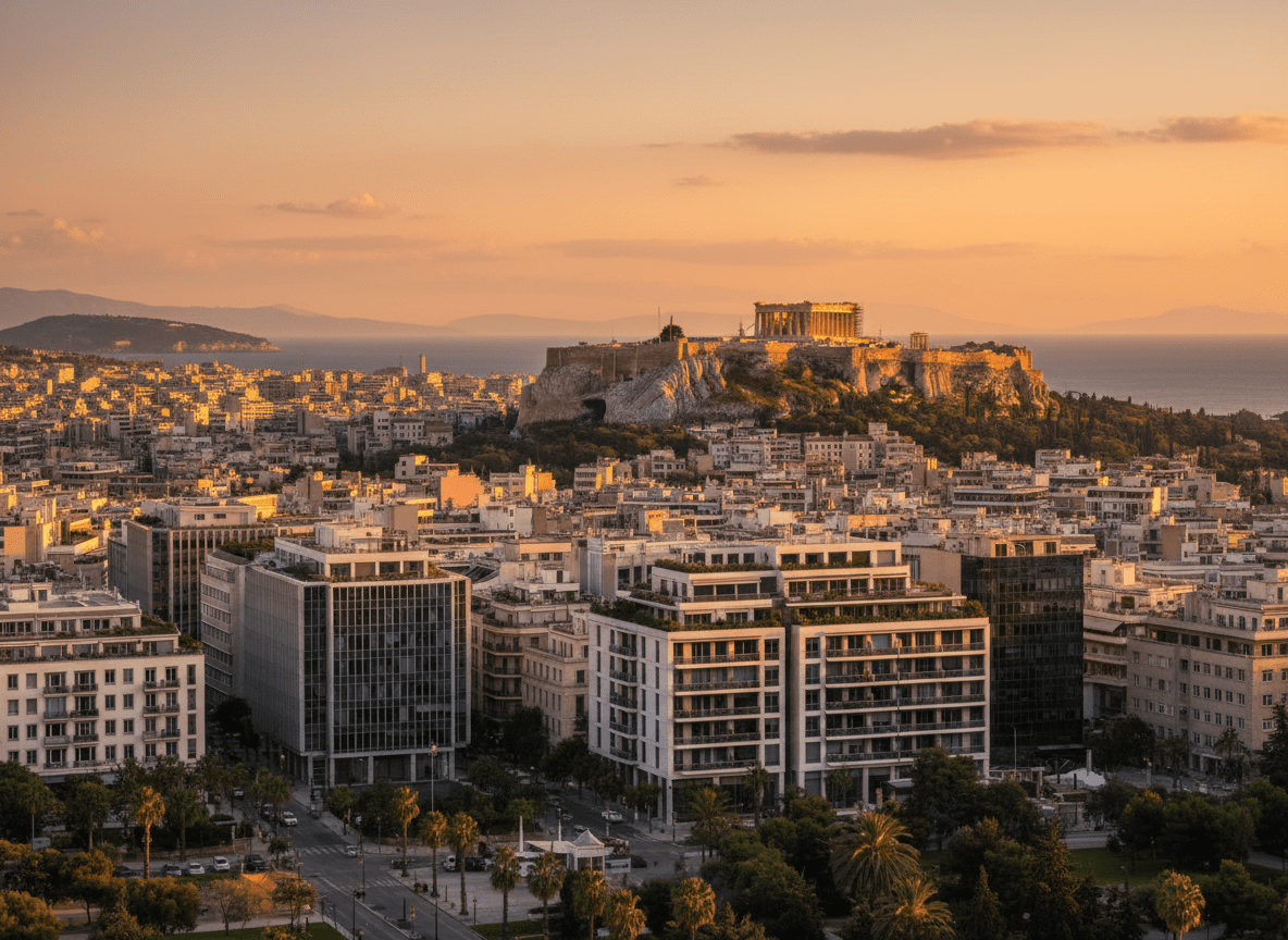 Athens skyline at sunset with the Acropolis in the distance