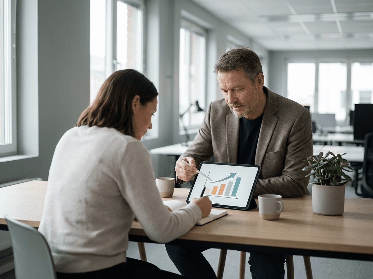 Consultant explaining a timeline on a tablet to a client, representing Golden Visa timelines and costs.