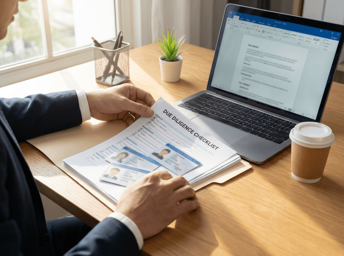 Hands organizing a compliance folder with ID documents and a checklist for Golden Visa due diligence.