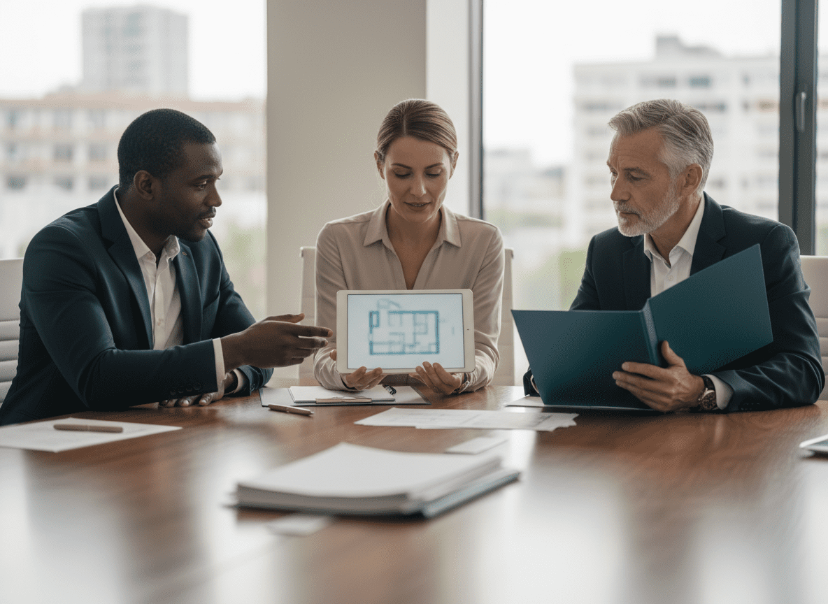 Foreign buyers reviewing the home-buying process with a real estate professional