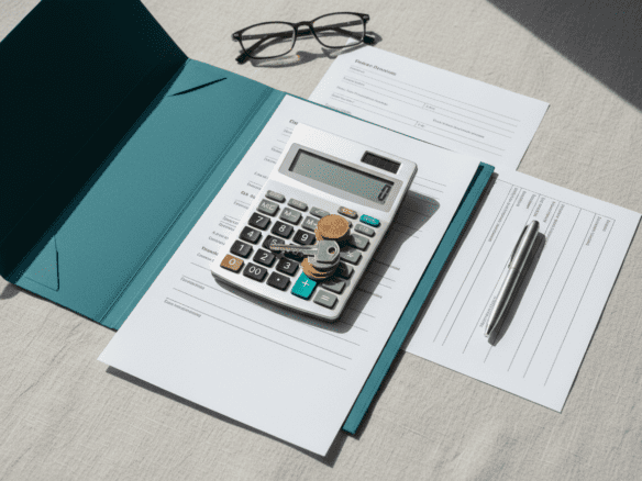 Calculator, euro coins, house keys, and documents representing property taxes and ownership costs in Greece