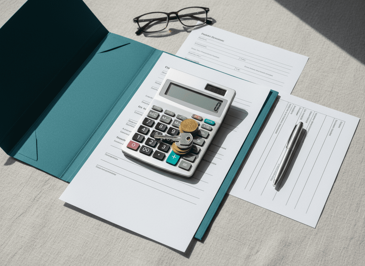 Calculator, euro coins, house keys, and documents representing property taxes and ownership costs in Greece