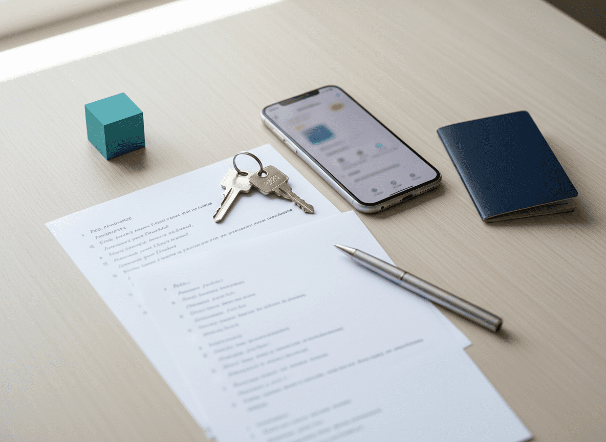 Model house, calendar, and receipts representing rental income tracking and reporting for a property in Greece