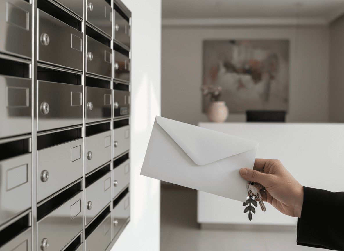 Apartment building mailbox area with keys and an envelope representing annual property obligations and notices
