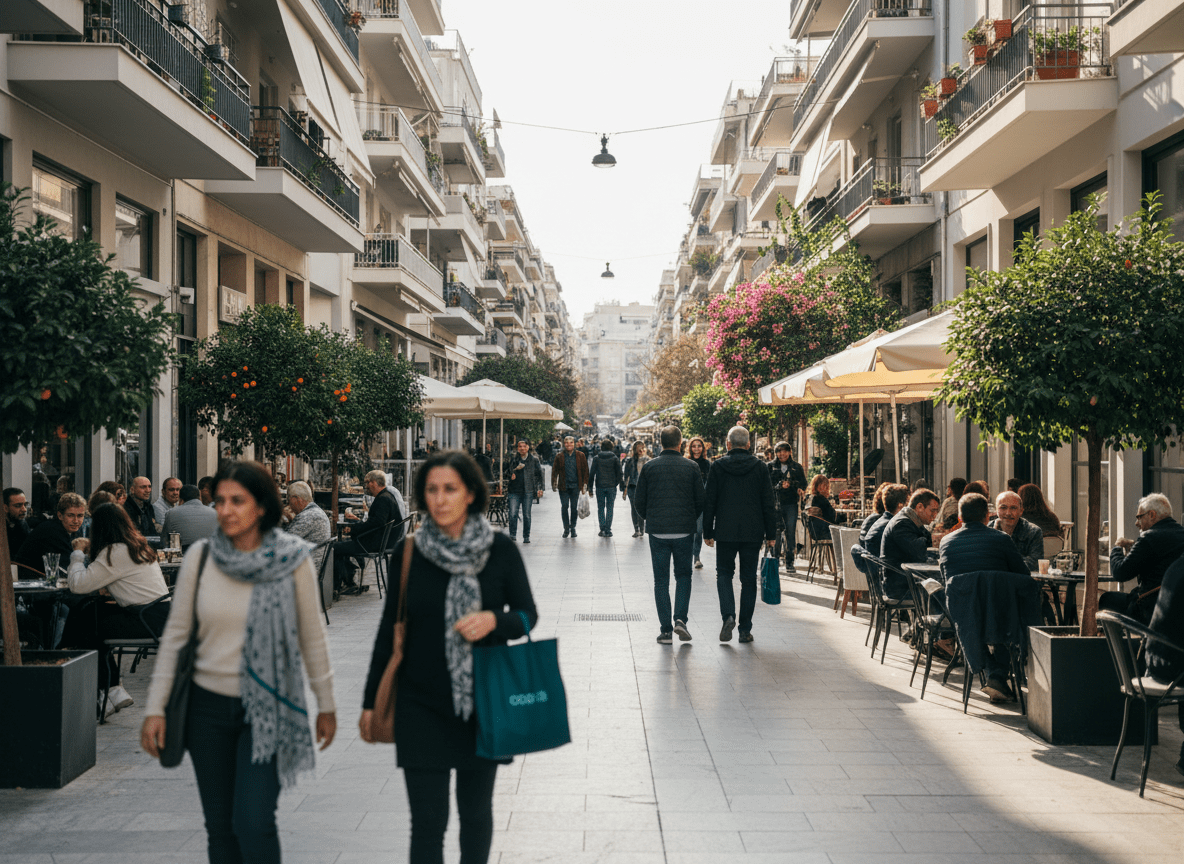 Sunny pedestrian street in Athens with modern apartment buildings and outdoor cafés, illustrating walkable neighborhood lifestyle