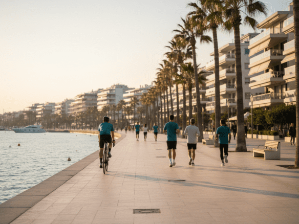 Seaside promenade in Athens with palm trees, runners and cyclists, and modern apartment buildings along the coast