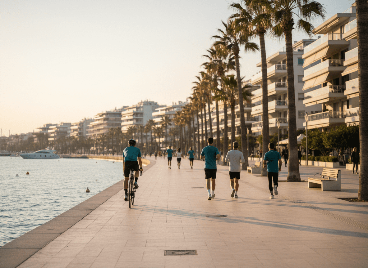 Seaside promenade in Athens with palm trees, runners and cyclists, and modern apartment buildings along the coast