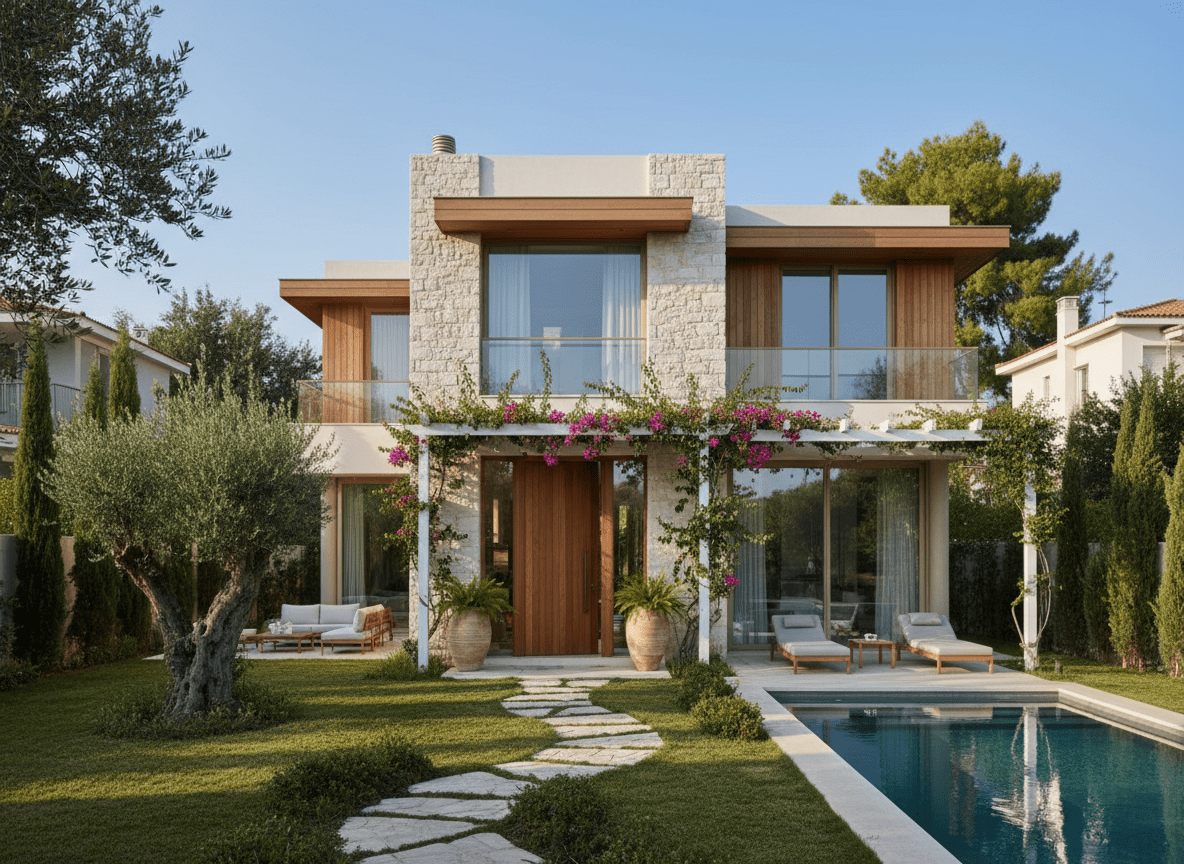 Modern luxury villa in Athens North Suburbs with stone and wood facade, private pool, manicured garden with olive tree, and contemporary outdoor living spaces