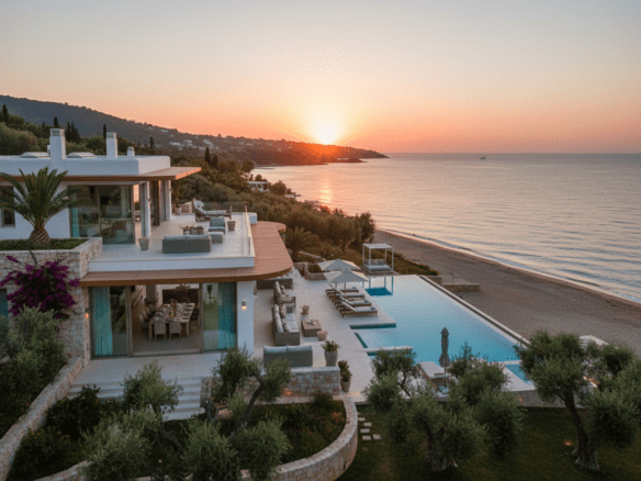 Luxury villa in Athenian Riviera with private pool, modern architecture, sea views, and sunset over the Mediterranean