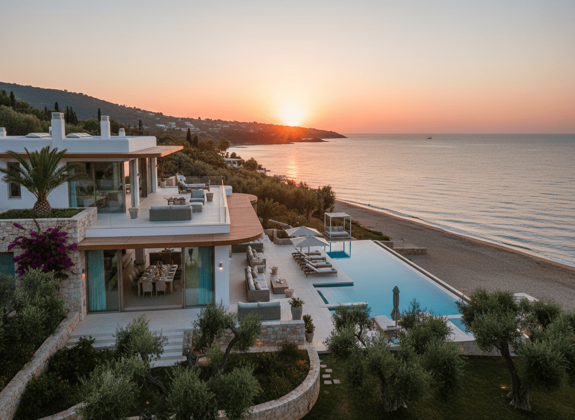 Luxury villa in Athenian Riviera with private pool, modern architecture, sea views, and sunset over the Mediterranean