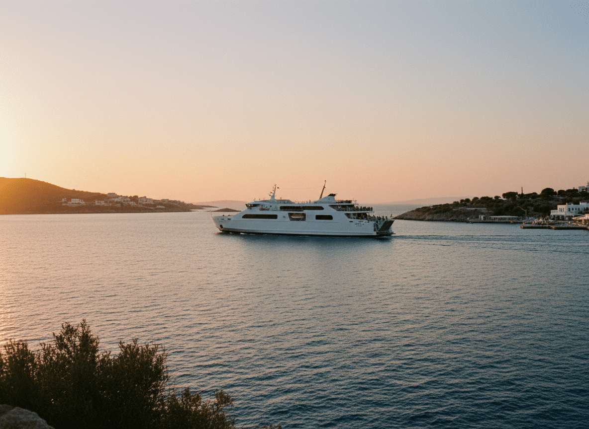 Busy Greek island beach scene with sunbathers during summer season
