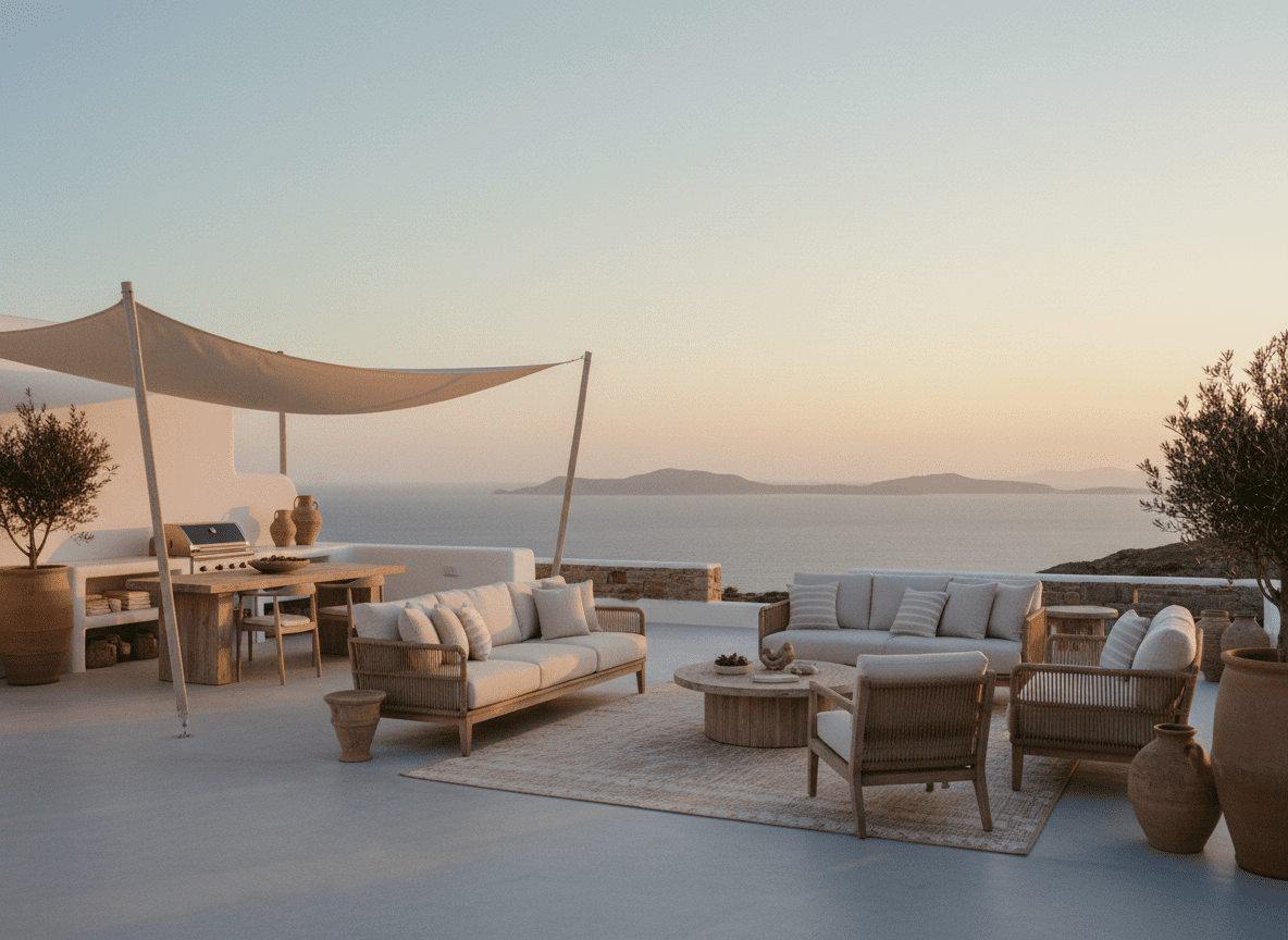 Peaceful Greek island village street during quiet winter season