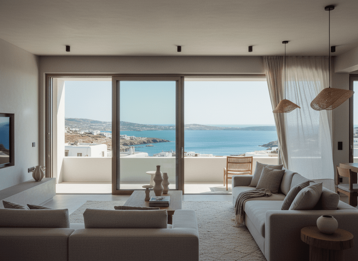 Modern island apartment interior with sea view, designed for comfortable stays and strong rental appeal