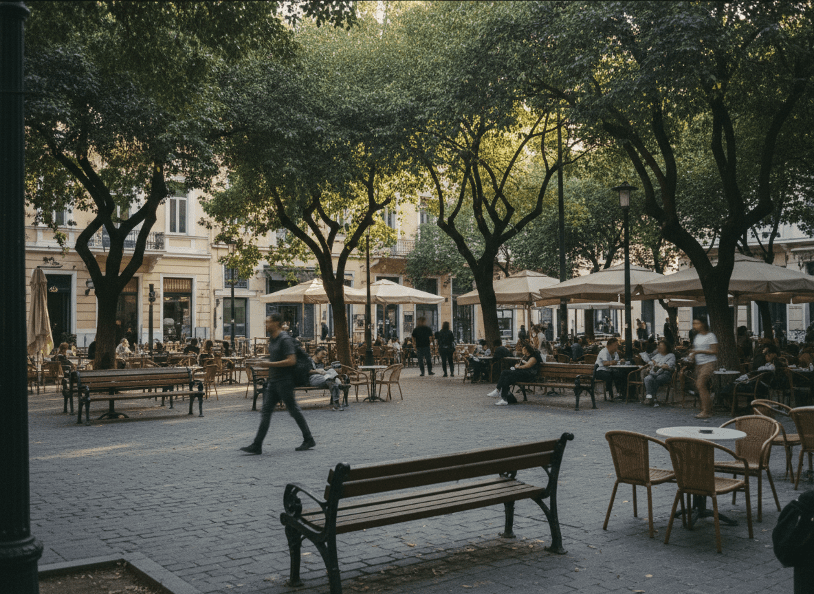 Leafy neighborhood square with mature trees, outdoor seating, and local café atmosphere in central Athens.