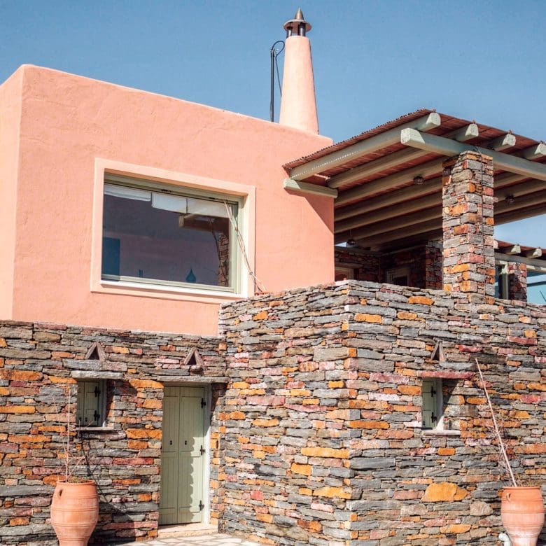 Stone-clad exterior wall detail of Kea (Tzia) maisonette