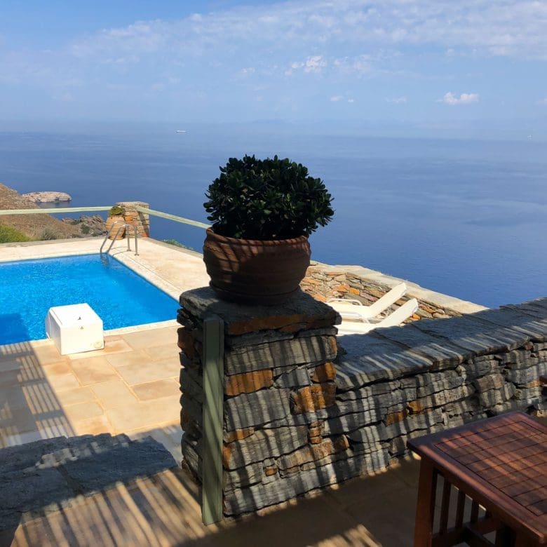 Stone pillar detail with Aegean sea view in Kea (Tzia)