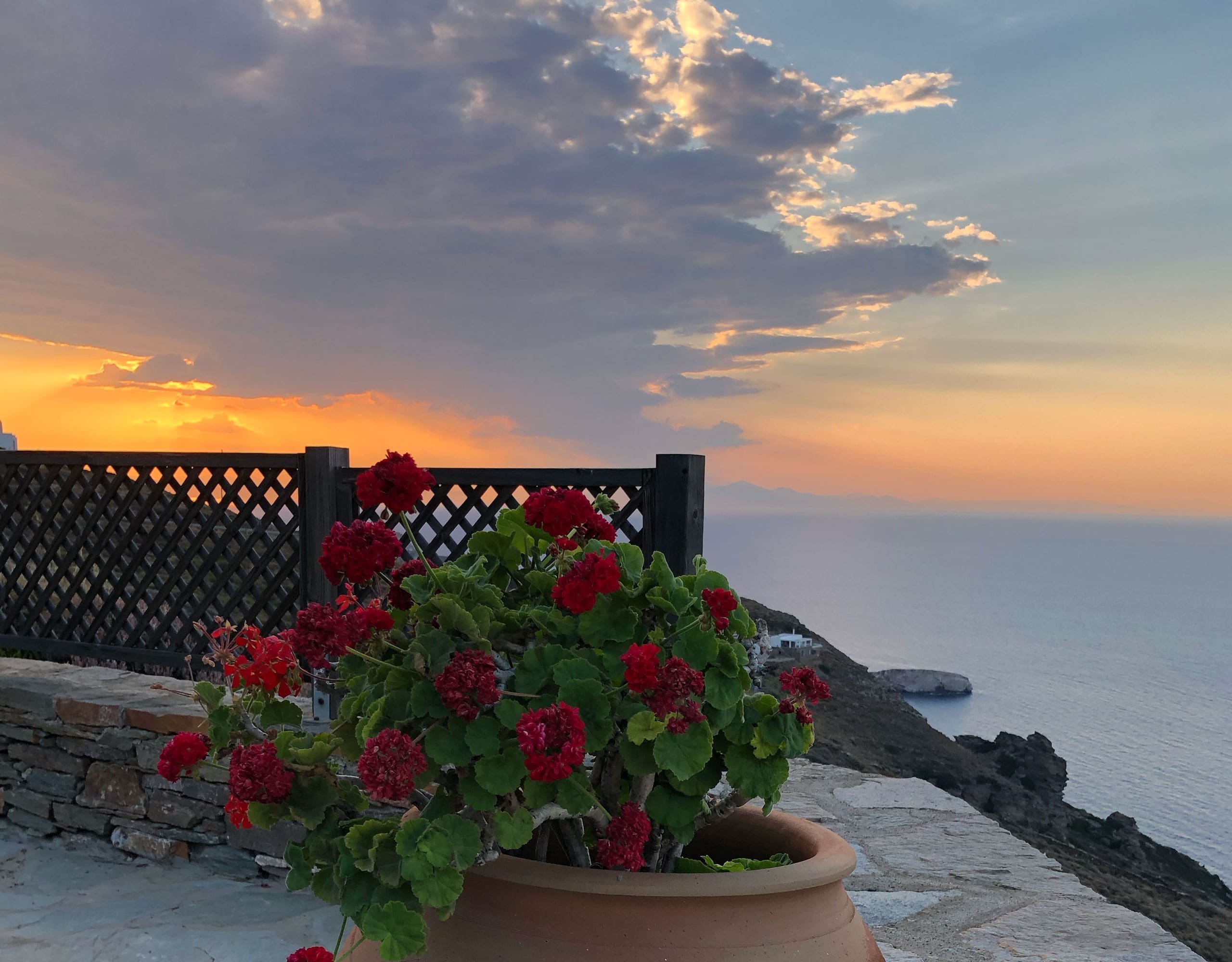 Terrace flowers with Aegean sea view in Kea (Tzia)