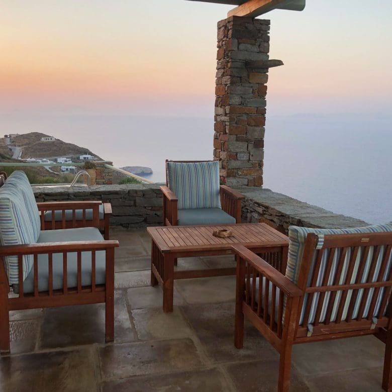 Terrace lounge seating with Aegean sea view in Kea (Tzia)