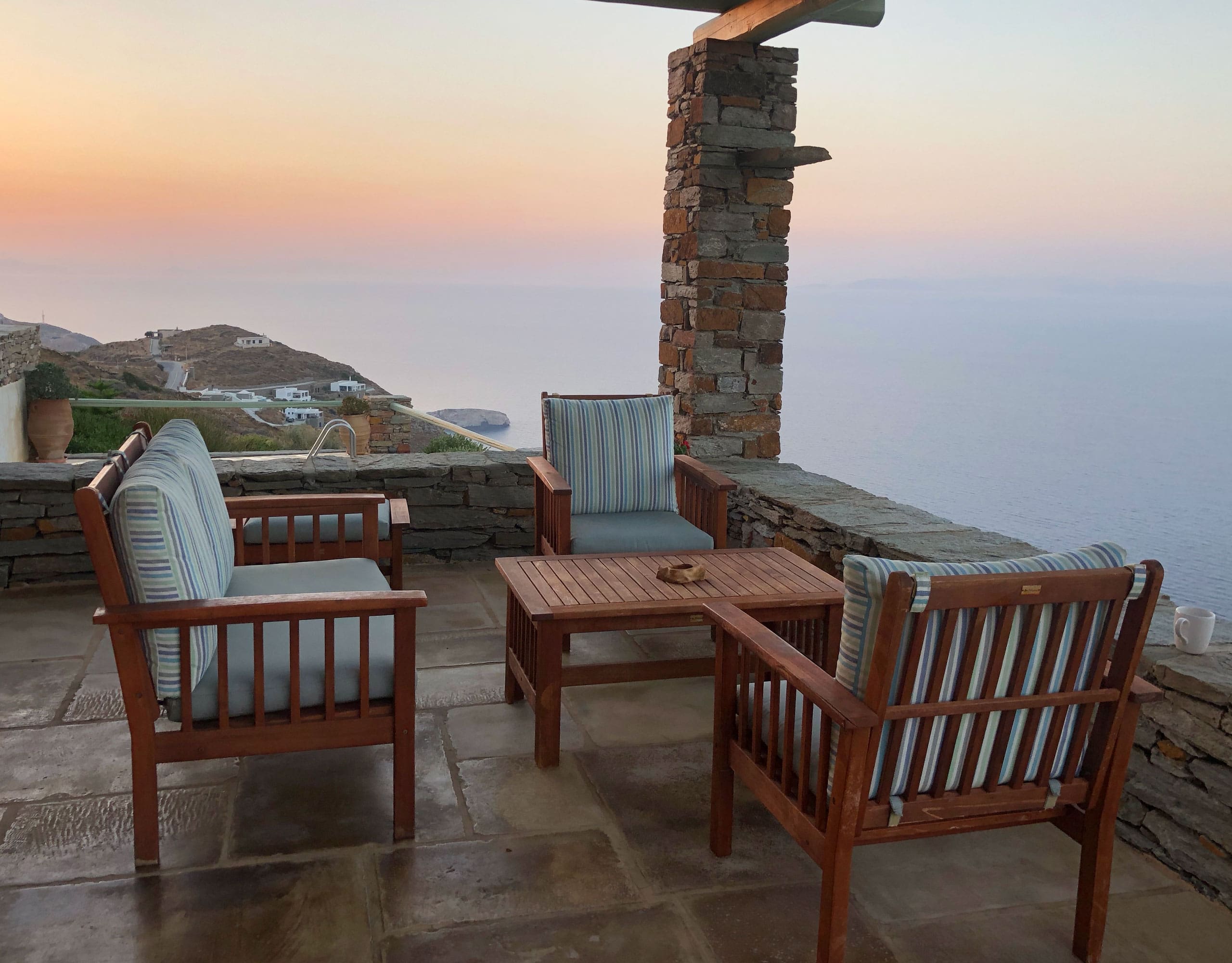 Terrace lounge seating with Aegean sea view in Kea (Tzia)