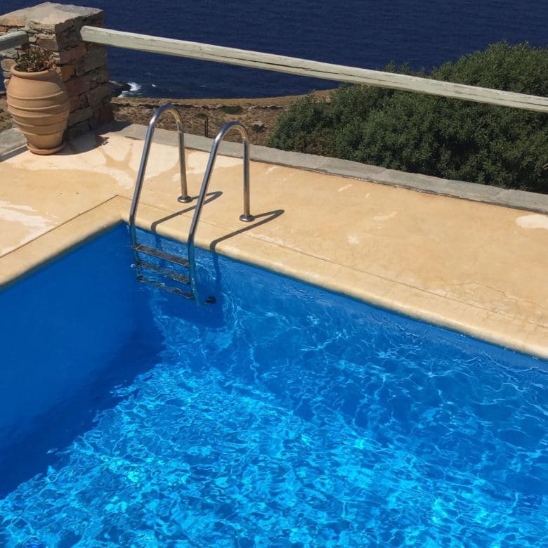Private pool at dusk with sea view in Kea (Tzia)