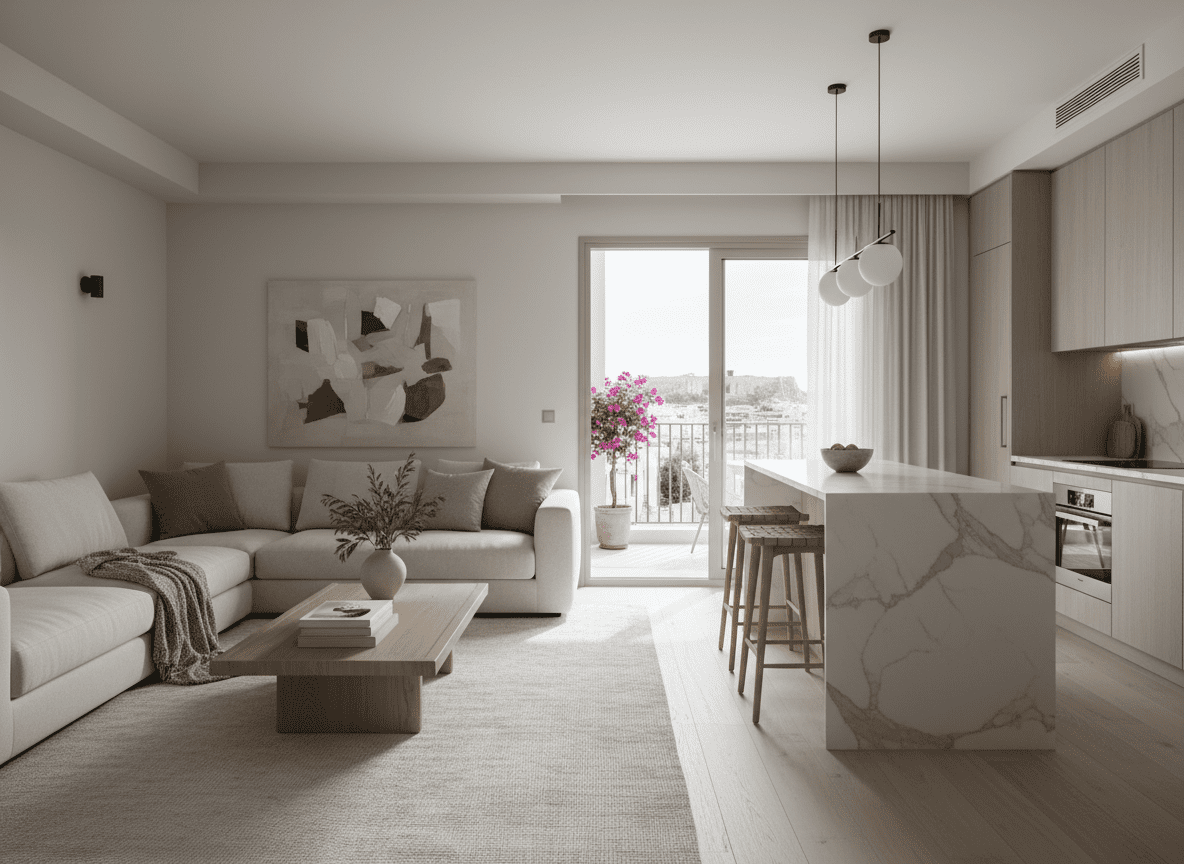 Bright renovated Athens apartment interior with modern neutral furnishings and an open-plan kitchen