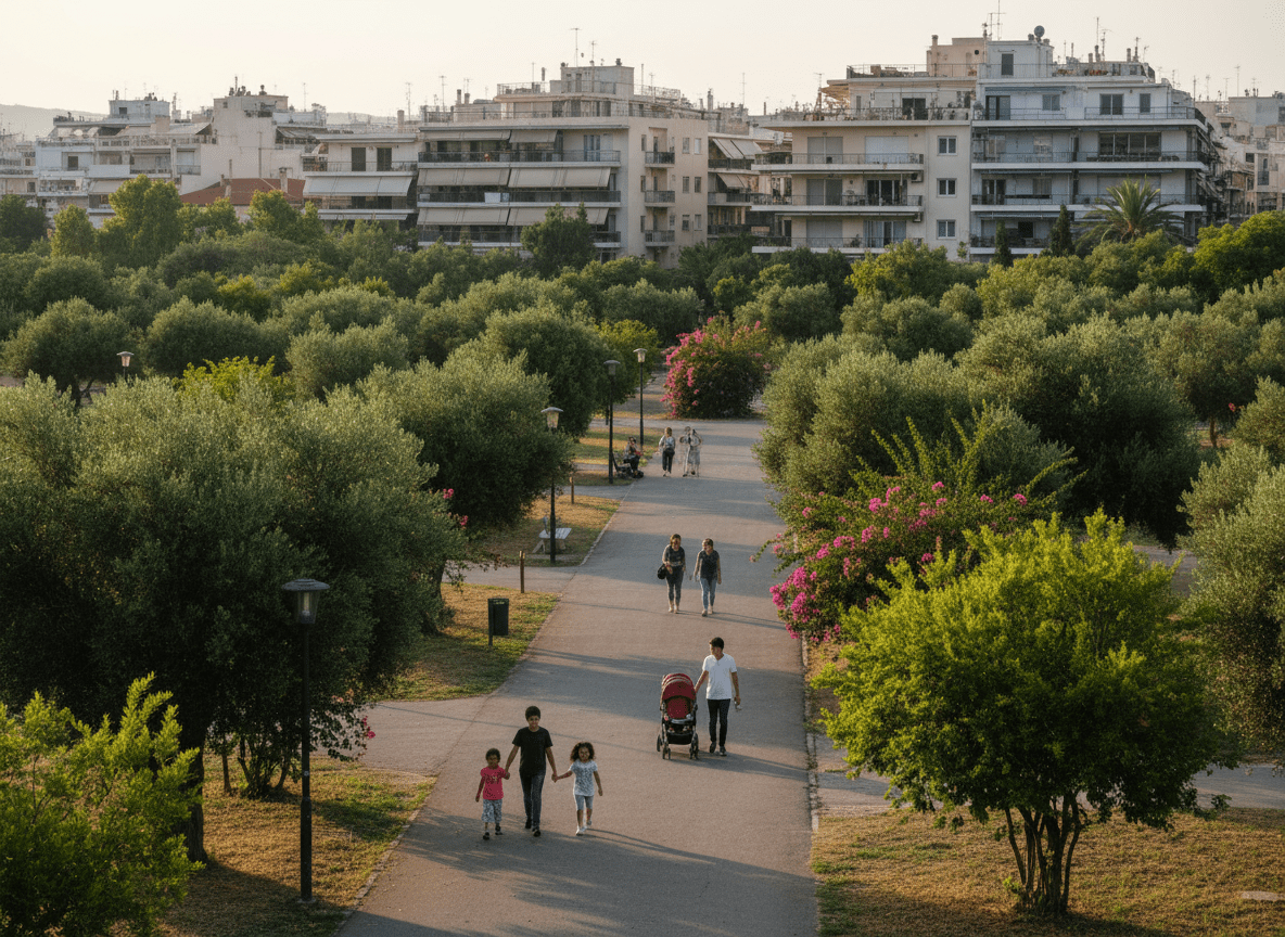 Neighborhood park in West Athens with walking paths, greenery, and families enjoying the outdoors