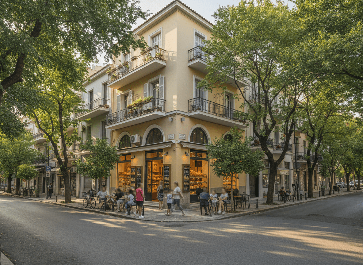 Tree-lined residential street in Agia Paraskevi with mid-rise apartment buildings and warm afternoon light