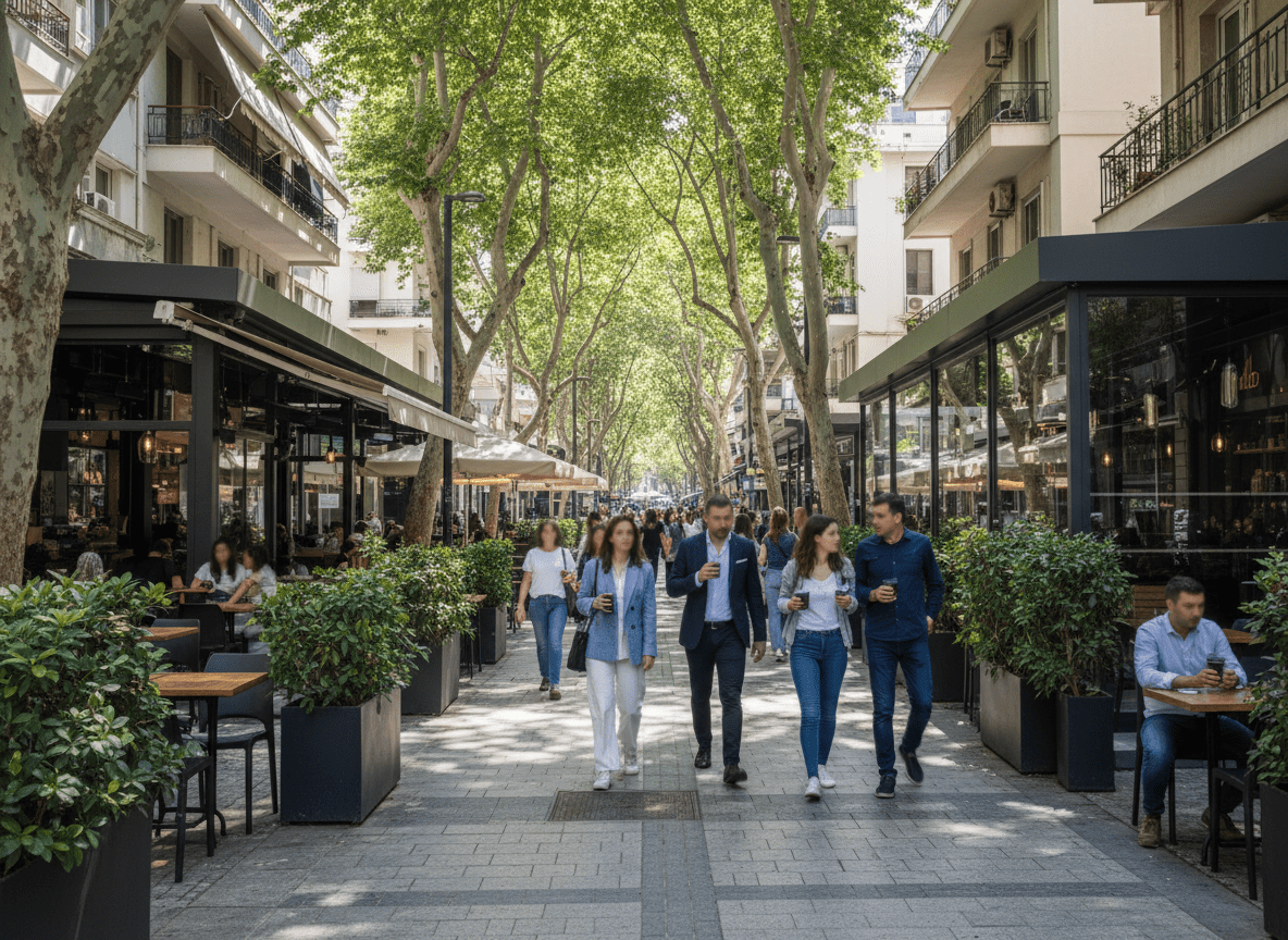 Chalandri neighborhood street with modern cafes, pedestrians, and leafy urban surroundings