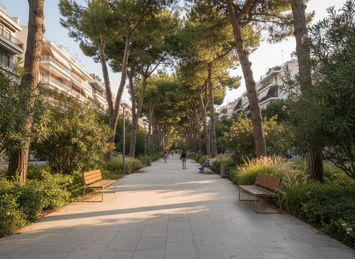 Green pedestrian walkway in Papagou–Cholargos with pine trees, benches, and a well-kept public space